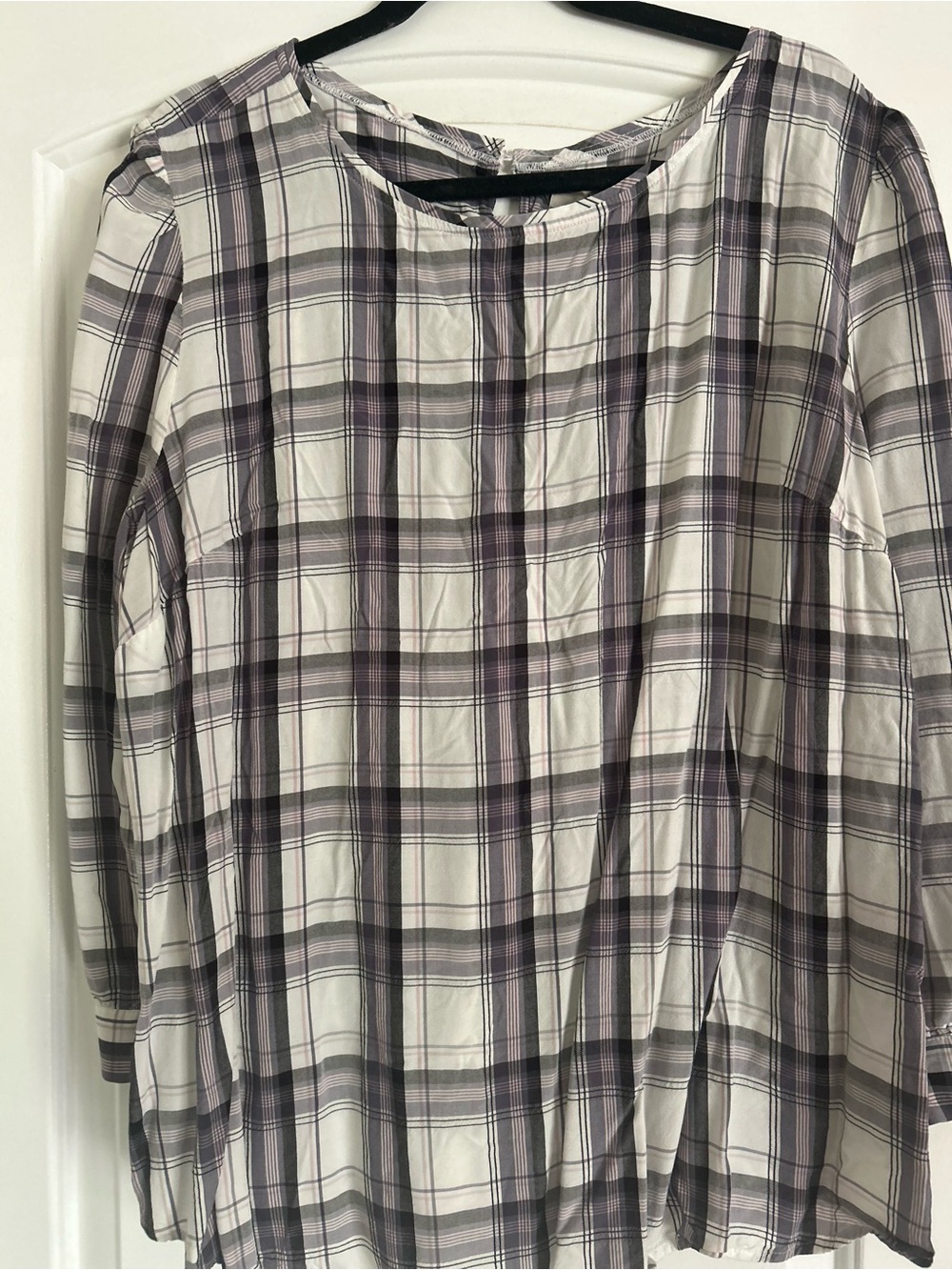 LOFT White and Lavender Plaid Long-Sleeve Blouse